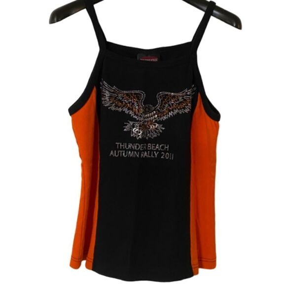 Bikers Edge Women’s Thunder Beach Embellished Black and Orange Tank Top - Picture 1 of 9